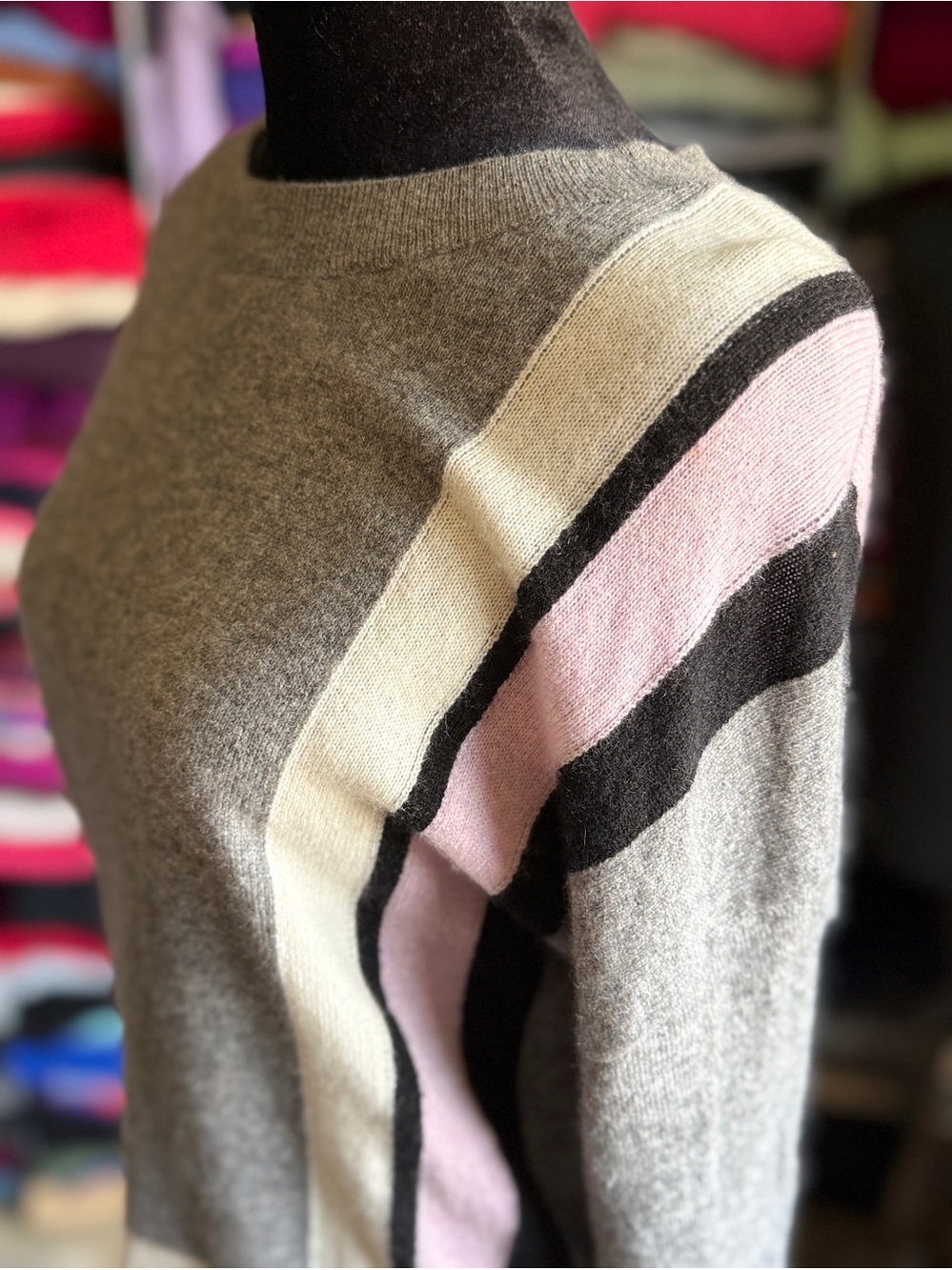 Women's Gray Cashmere Crewneck Sweater with Pink & Cream Stripe Detail